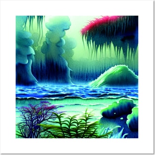 Magical Landscape Painting featuring Sea and Purple Plants, Scenery Nature Posters and Art